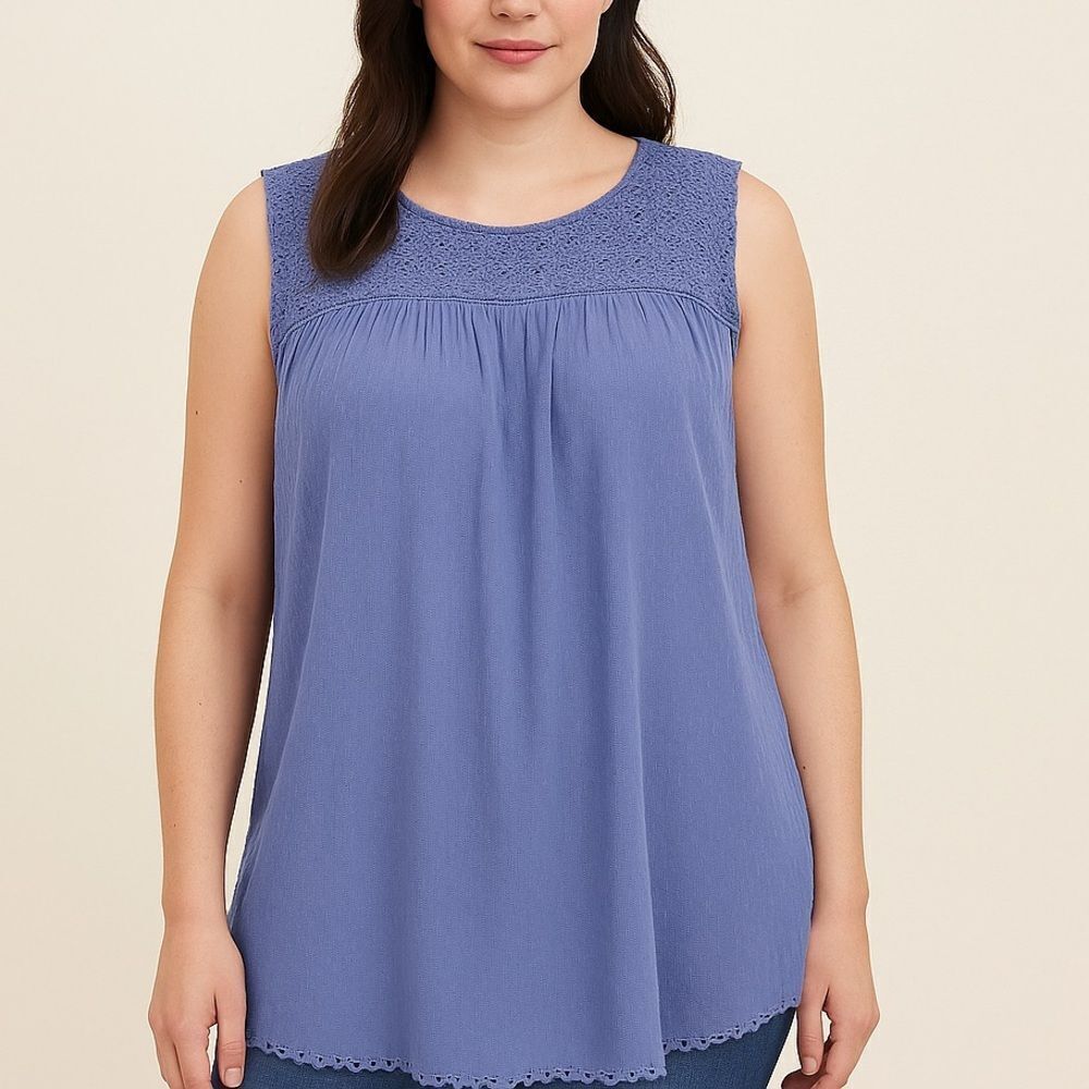 Daniel Rainn Popover Crochet Yoke Sleeveless Laced Top Size 2XL NWT Runs Smaller